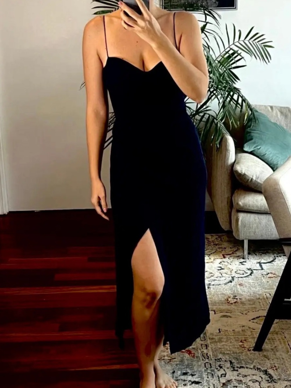 Reformation womans Black Spaghetti Strap Midi Dress with Front Slit size XS